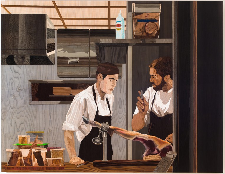 El Jamon, 2014, marquetry hybrid on panel, 59 x 76 inches