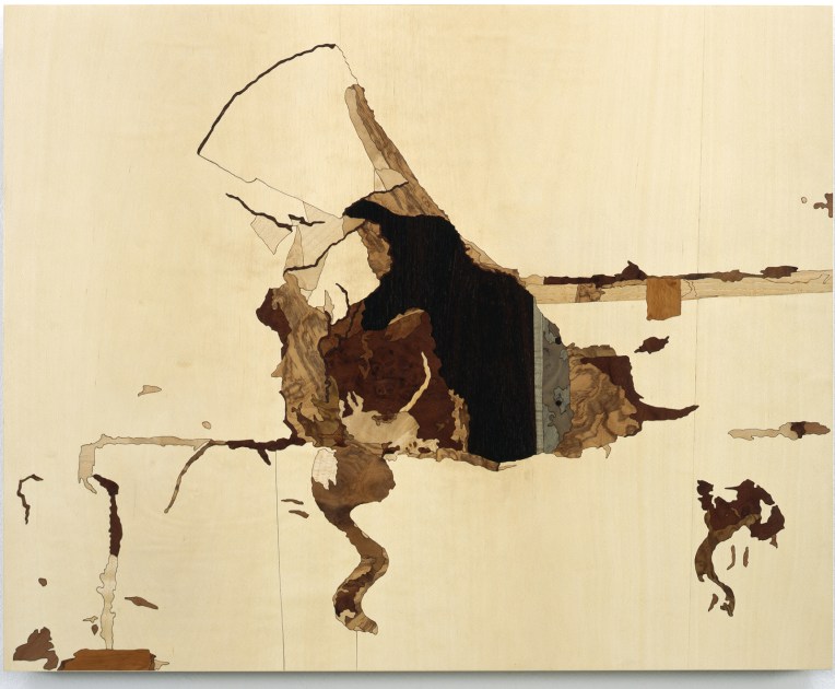 Hole Kicked, 2009, marquetry: wood veneer and shellac, 15 x 19 inches
