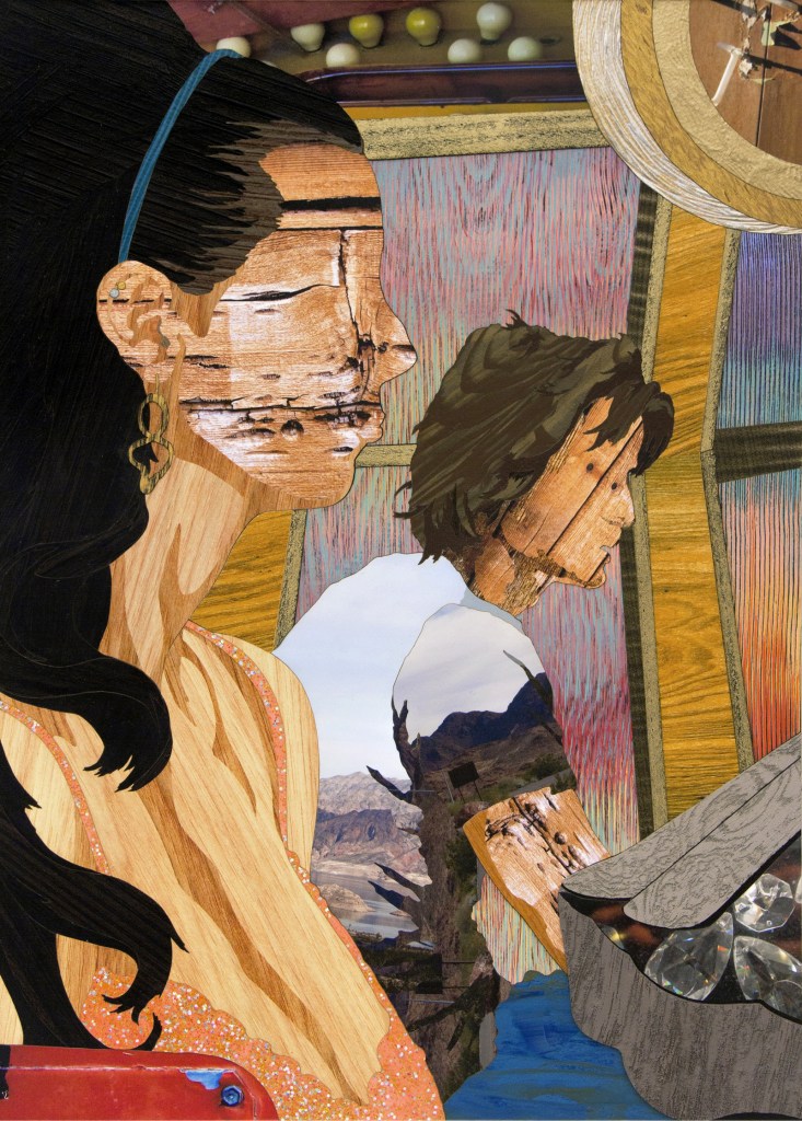 Homemade Sin, 2017, wood veneer, acrylic, glitter, pigment print on matboard, 25 x 18 inches