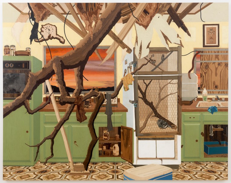 Kitchen, 2014, marquetry hybrid on panel, 91 x 115 inches