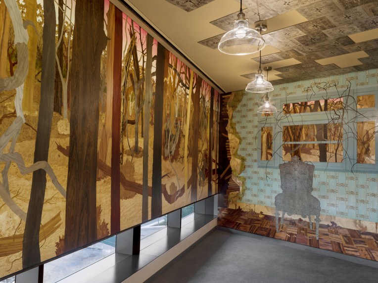 Reclamation (install view), 2014-2017, marquetry hybrid, 24’ x 13’ x 9’ (three walls and ceiling)