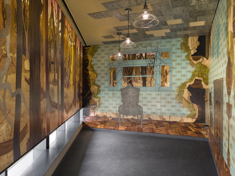 Reclamation (install view), 2014-2017, marquetry hybrid, 24’ x 13’ x 9’ (three walls and ceiling)