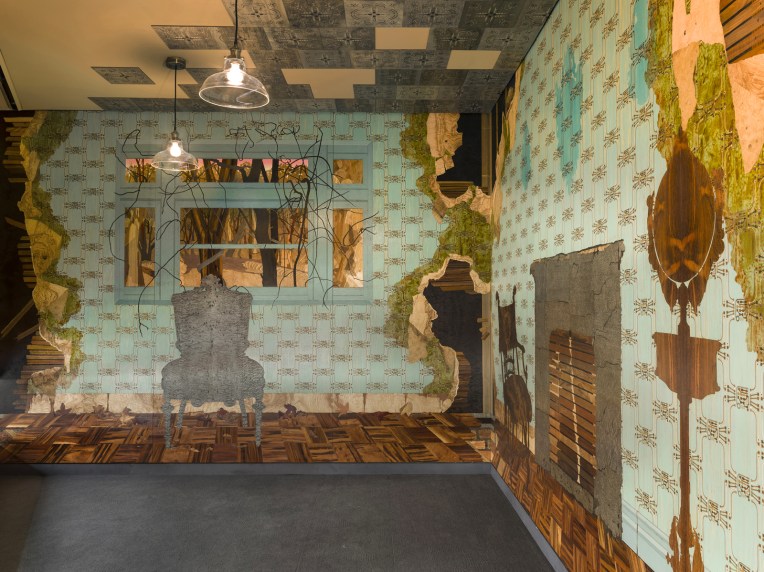 Reclamation (install view), 2014-2017, marquetry hybrid, 24’ x 13’ x 9’ (three walls and ceiling)