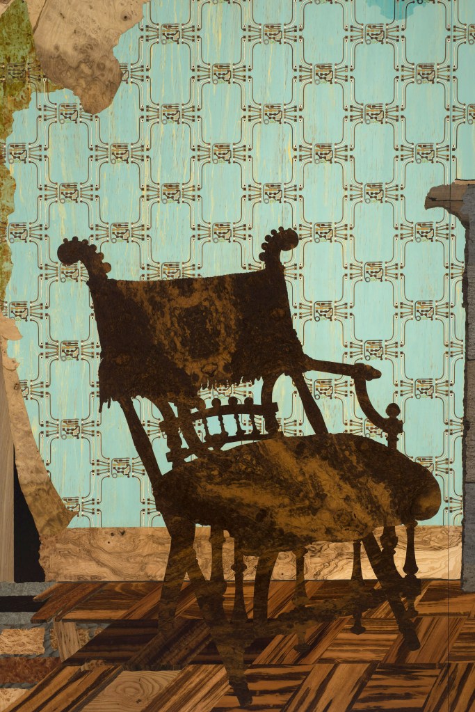 Reclamation (detail), 2014-2017, marquetry hybrid, 24’ x 13’ x 9’ (three walls and ceiling)