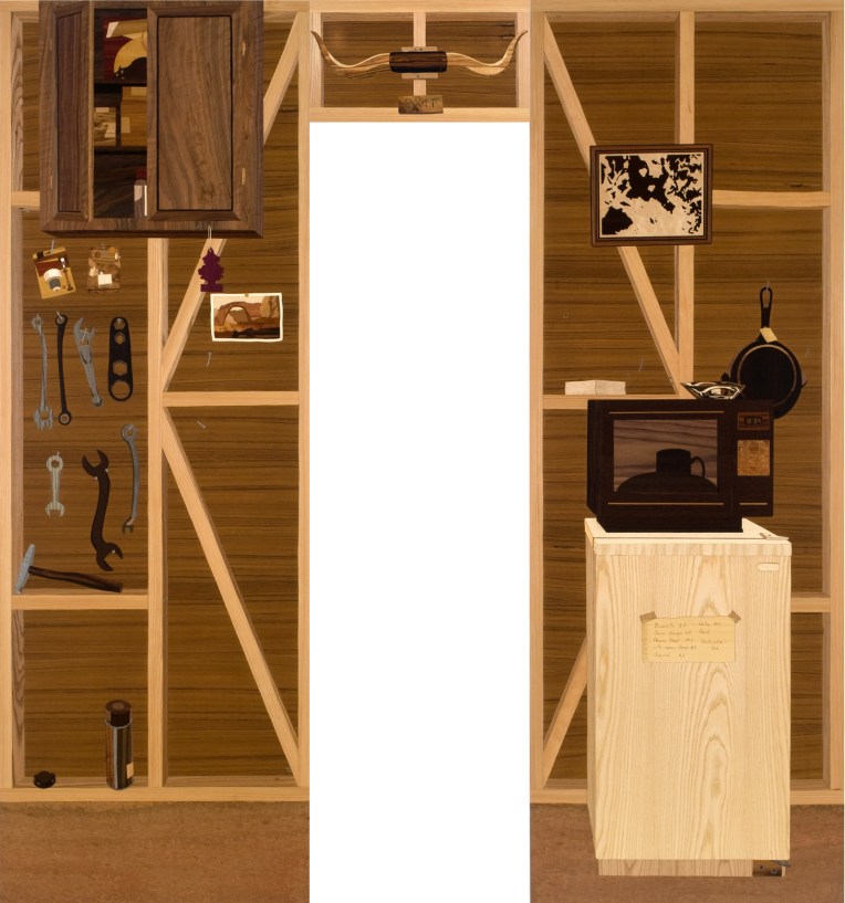 Room (detail, interior of installation), 2008, marquetry: wood veneer, pyrography, lacquer, 96 x 120 x 96 inches