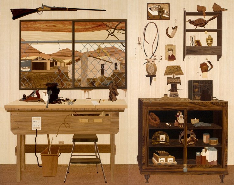 Room (detail, interior of installation), 2008, marquetry: wood veneer, pyrography, lacquer, 96 x 120 x 96 inches