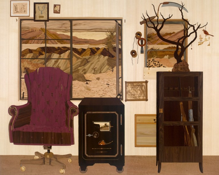 Room (detail, interior of installation), 2008, marquetry: wood veneer, pyrography, lacquer, 96 x 120 x 96 inches