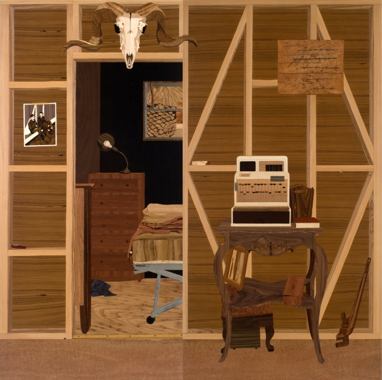 Room (detail, interior of installation), 2008, marquetry: wood veneer, pyrography, lacquer, 96 x 120 x 96 inches