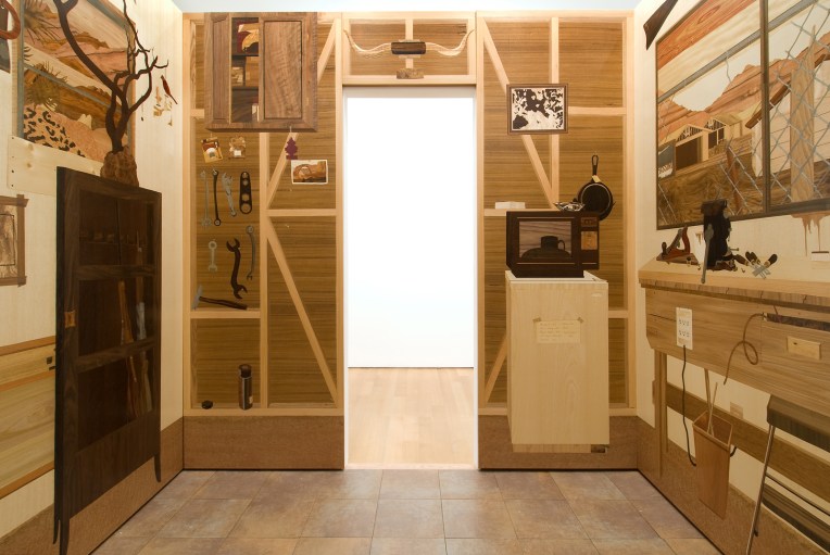 Room (detail, interior of installation), 2008, marquetry: wood veneer, pyrography, lacquer, 96 x 120 x 96 inches