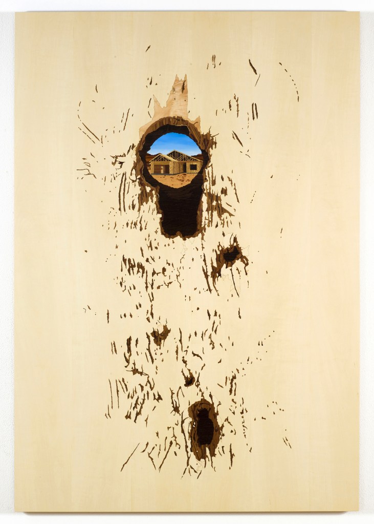 Shotgun Hole with Additional Vandalism, 2010, marquetry hybrid, 57 x 37 inches