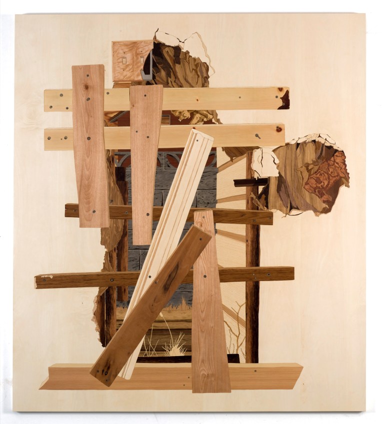 Squatter Doorway, 2009, marquetry: wood veneer and shellac, 53 x 47 inches