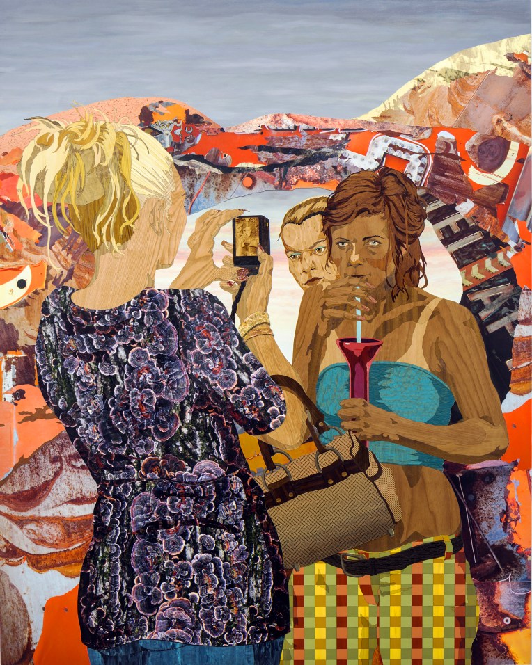 The Lookers, 2015, marquetry hybrid on panel, 58 x 46 inches