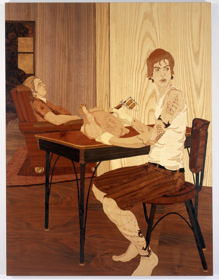 The Tattooist, 2008, marquetry: wood veneer and shellac, 54 x 41 inches