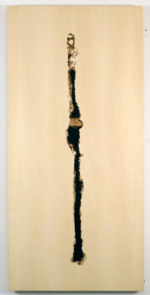 Wires Ripped, 2010, marquetry: wood veneer and shellac, 61 x 29 inches
