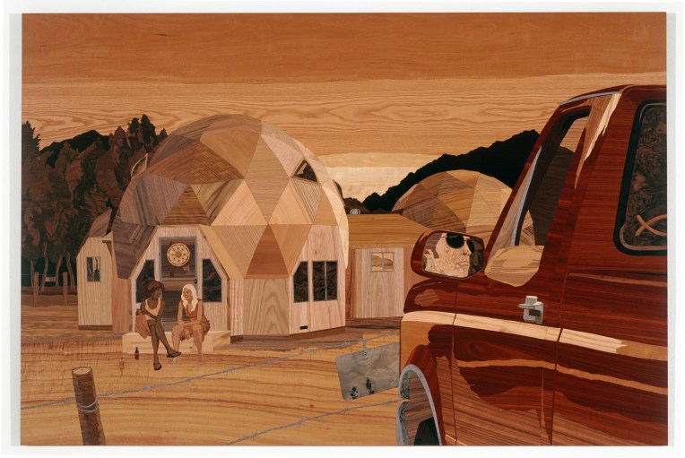 Wonder Valley, 2008, marquetry: wood veneer and shellac, 47 x 70 inches